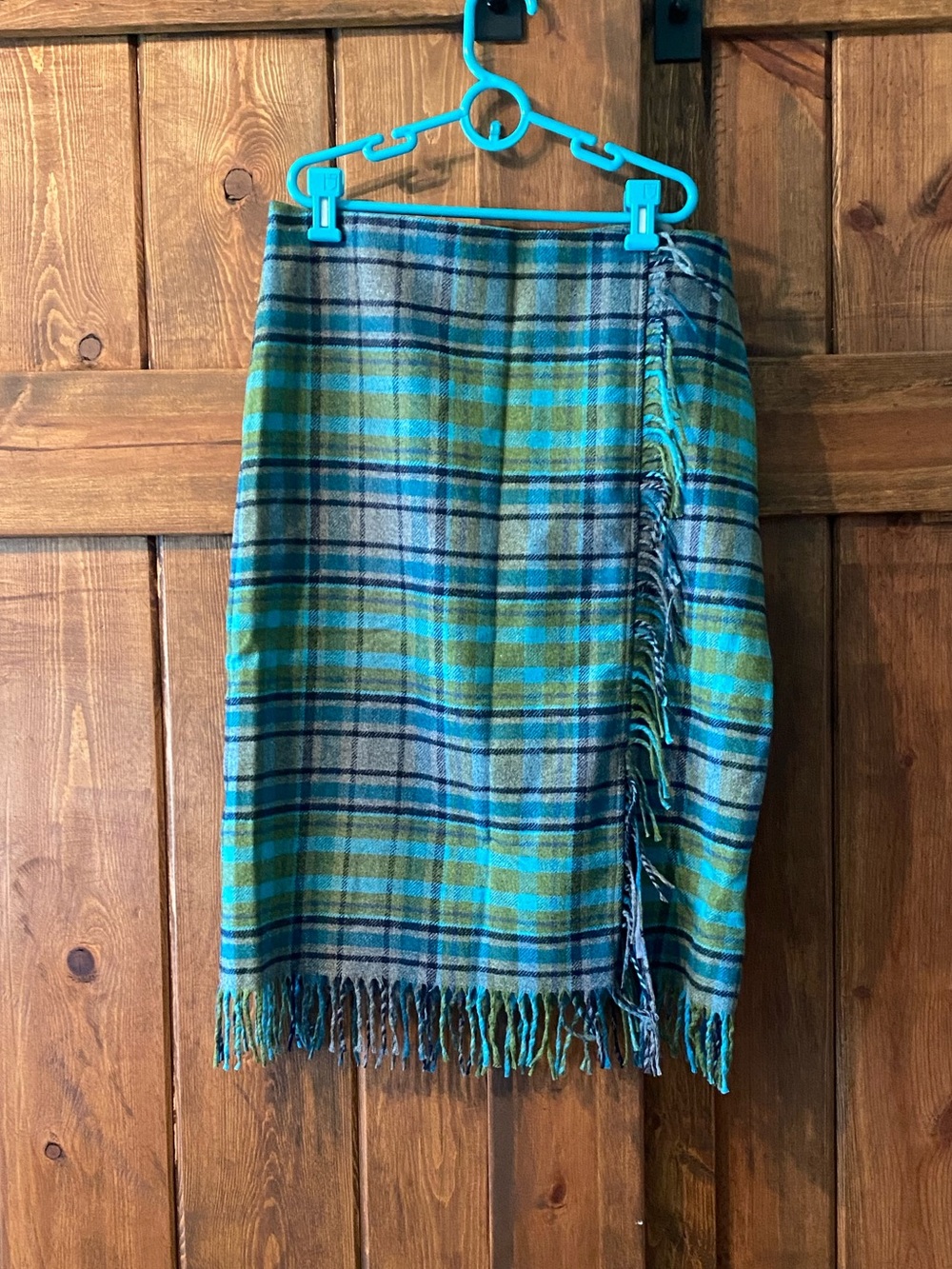 J. Jill Plaid Fringe Wrap Skirt in Teal, Green and Navy